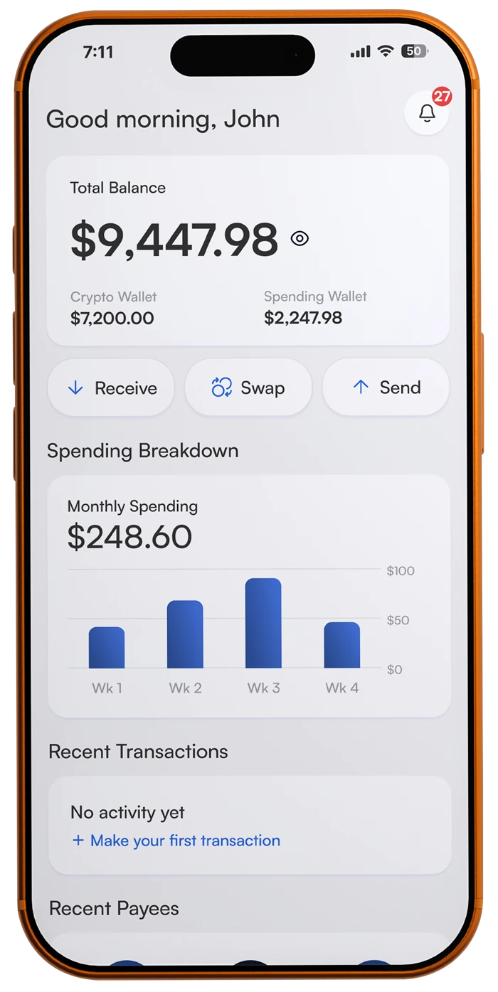 The u-topia app showing a total balance and recent activity