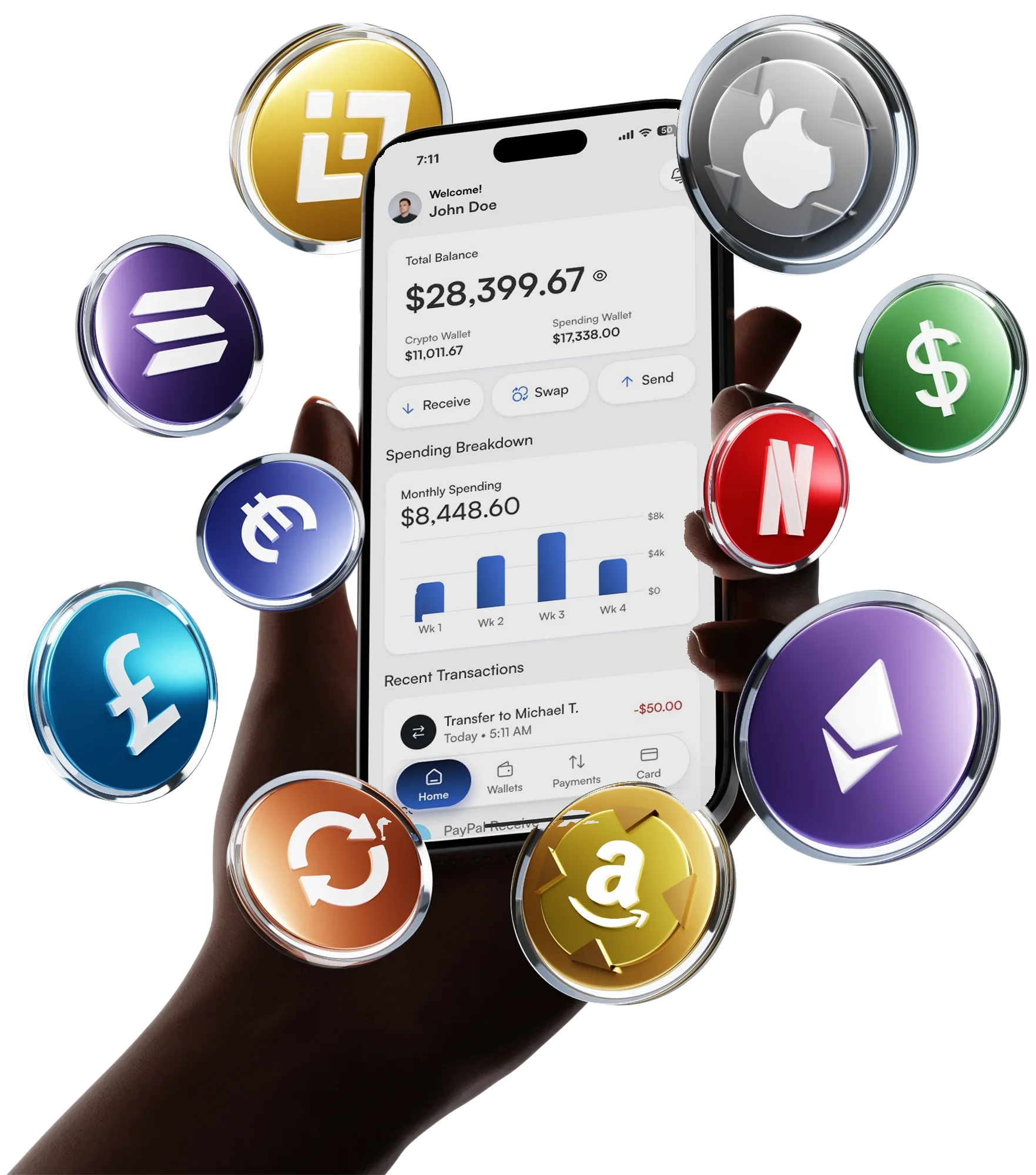 The u-topia app home screen held in a hand, surrounded by floating crypto and currency coins