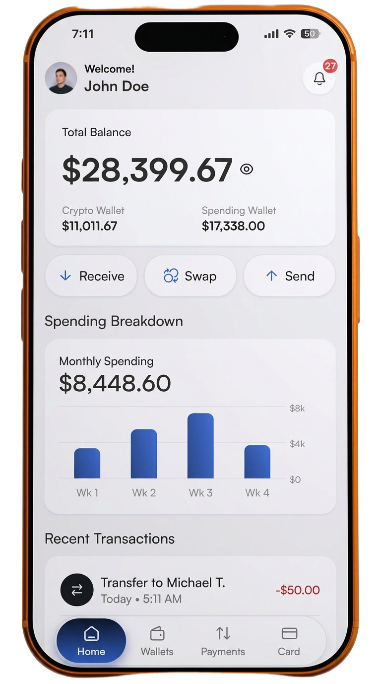 The u-topia app showing a total balance, wallets and spending